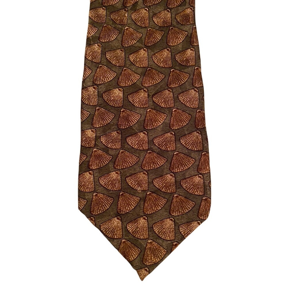 Handmade Silk Tie Mens Olive Green Bronze Seashell Pattern RN 89399 Necktie